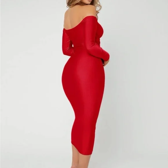 WOMENS XL BODYCON SEXY RED OFF SHOULDER DRESS - Picture 5 of 8